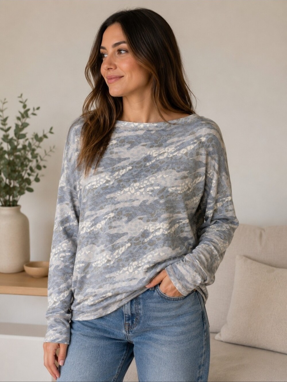 Elan Gray Blue Camo Leopard Long Sleeve Boat Neck Lightweight Sweater Sz Small